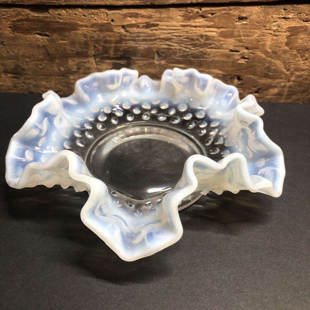 Fenton Candy Dish White Opalescent Glass Ruffled Hobnail Vintage‎ Handmade 6"